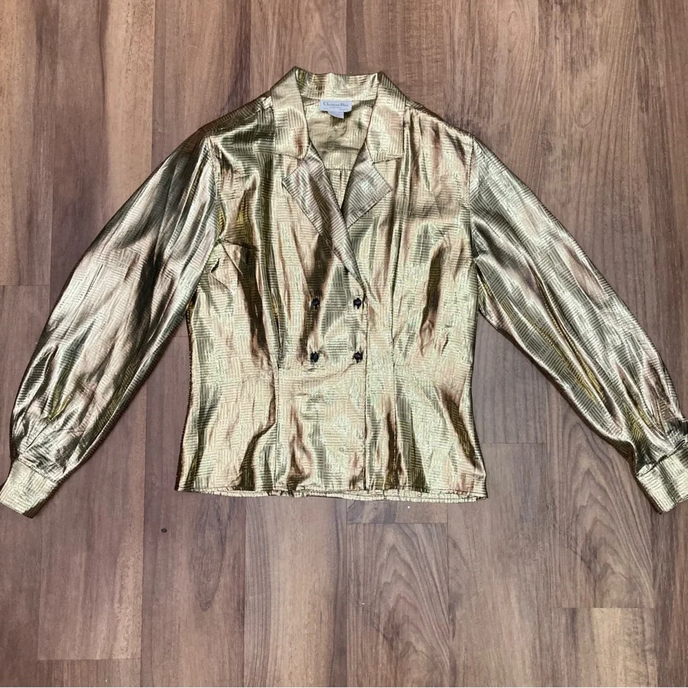 Authentic Christian Dior Gold Lamé Double Breasted Puff Sleeve Evening Jacket
